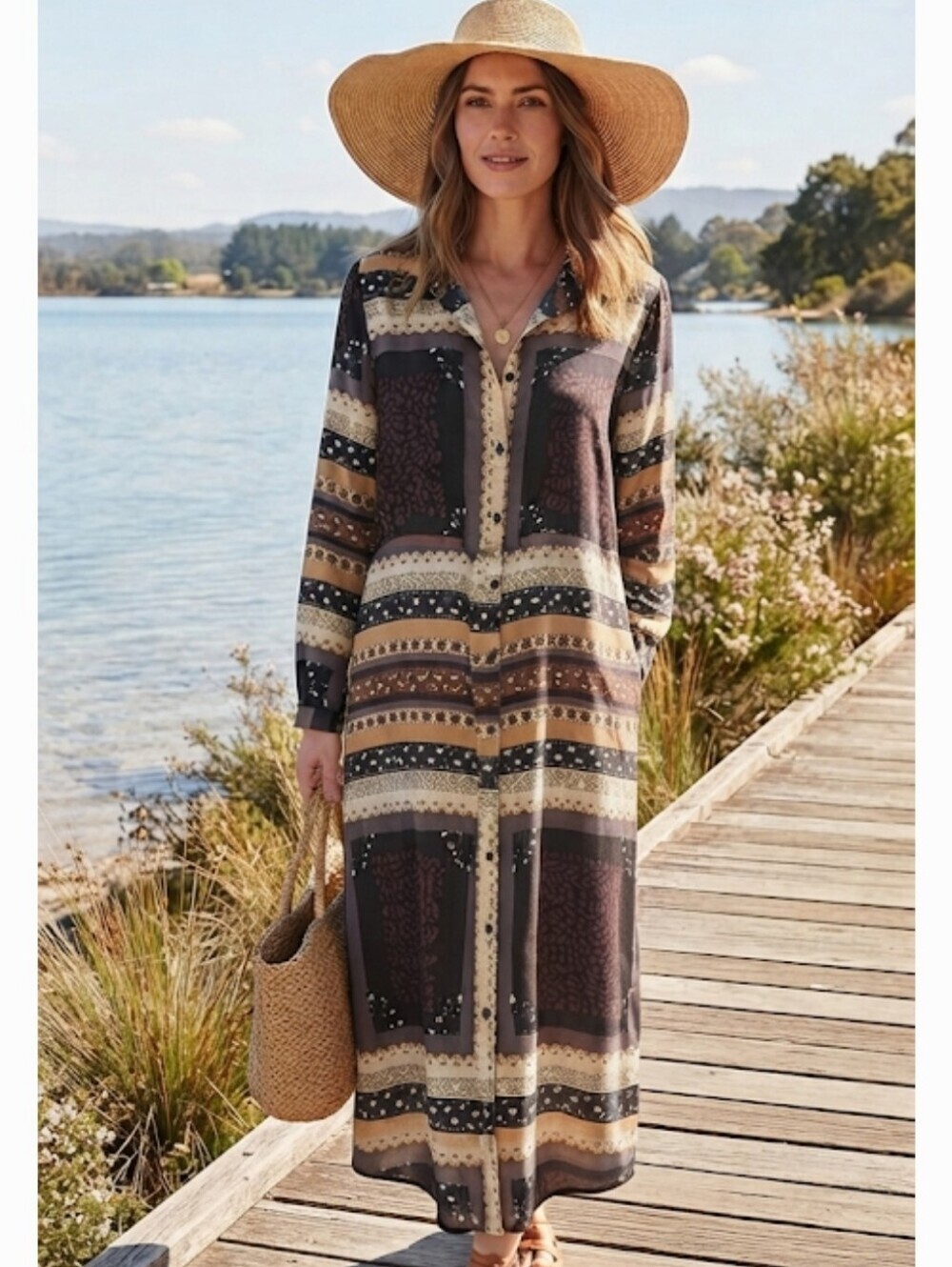 Vero Moda Floral and Geometric Button-Front Shirt Dress in Black, Cream and Tan